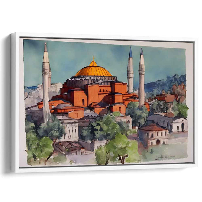 Golden Echoes of Byzantium: Watercolor Print of Hagia Sophia with Golden Dome