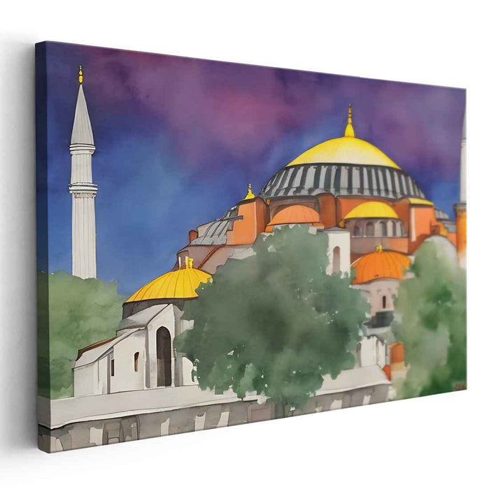 Mystical Dusk: Watercolor Painting of Hagia Sophia with Vibrant Sky