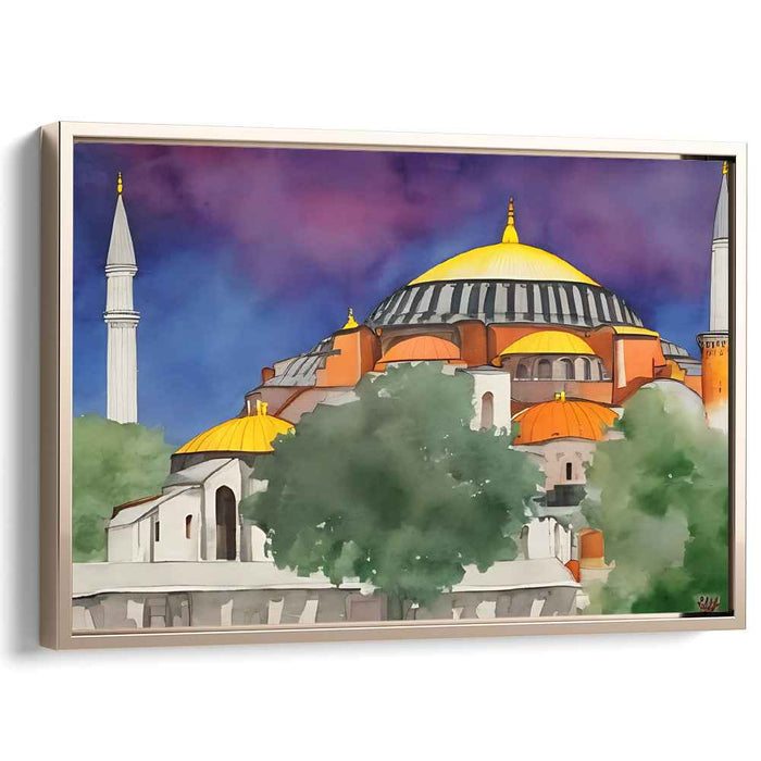 Mystical Dusk: Watercolor Painting of Hagia Sophia with Vibrant Sky