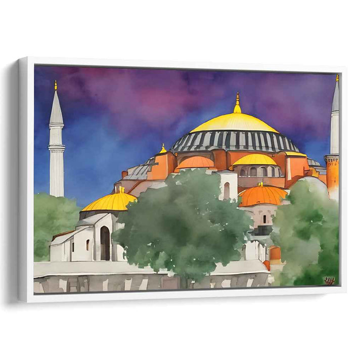 Mystical Dusk: Watercolor Painting of Hagia Sophia with Vibrant Sky