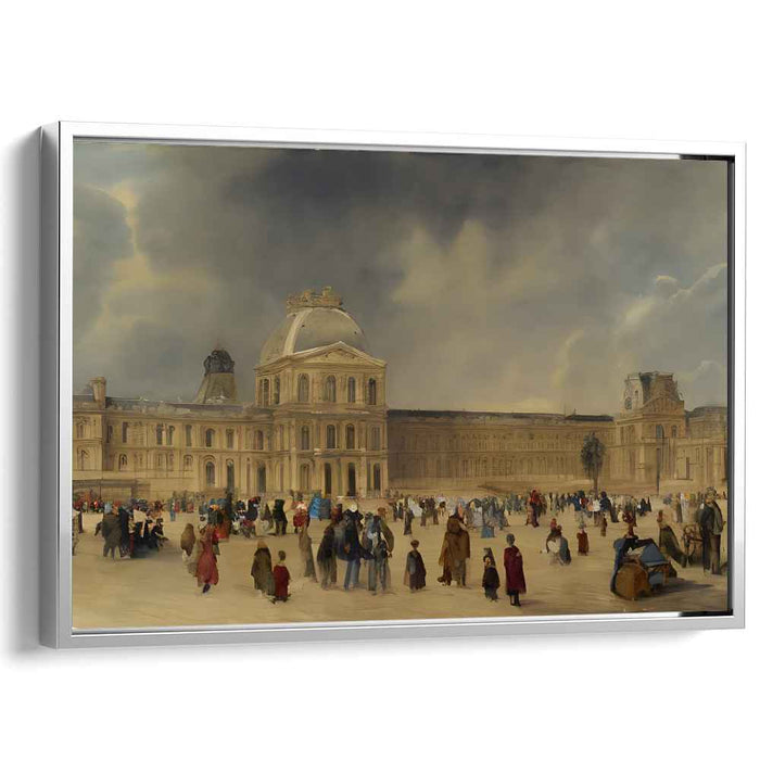 Whispers Among Stone Pillars: Romantic Era Scene at a Grand European Building