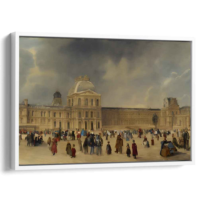 Whispers Among Stone Pillars: Romantic Era Scene at a Grand European Building