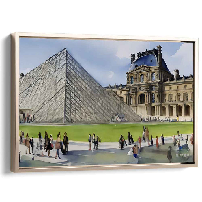 Aquatic Architecture Ensemble: The Louvre Pyramid and Museum in Watercolor