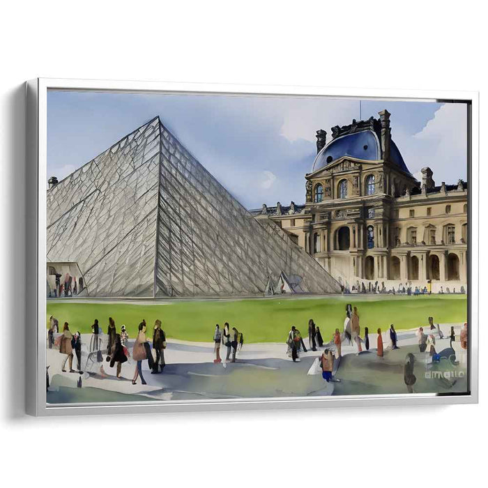 Aquatic Architecture Ensemble: The Louvre Pyramid and Museum in Watercolor
