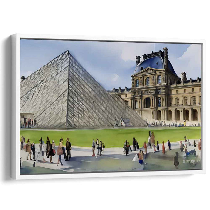 Aquatic Architecture Ensemble: The Louvre Pyramid and Museum in Watercolor
