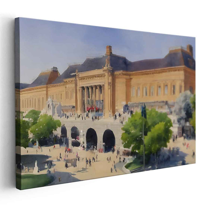 Echoes in Concrete Jungle: Watercolor Painting of Majestic Urban Museum