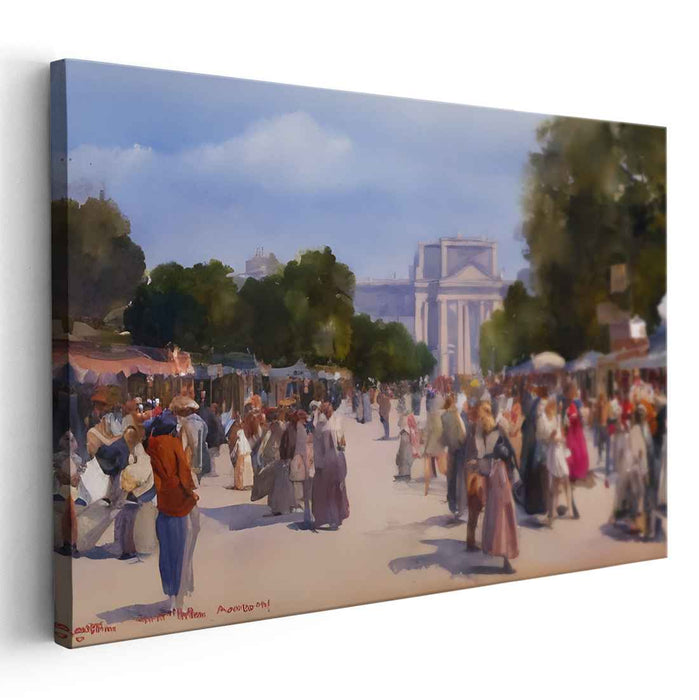 Echoes of Forgotten Laughter: Historical Cityscape with Lively Crowds Canvas Art Print