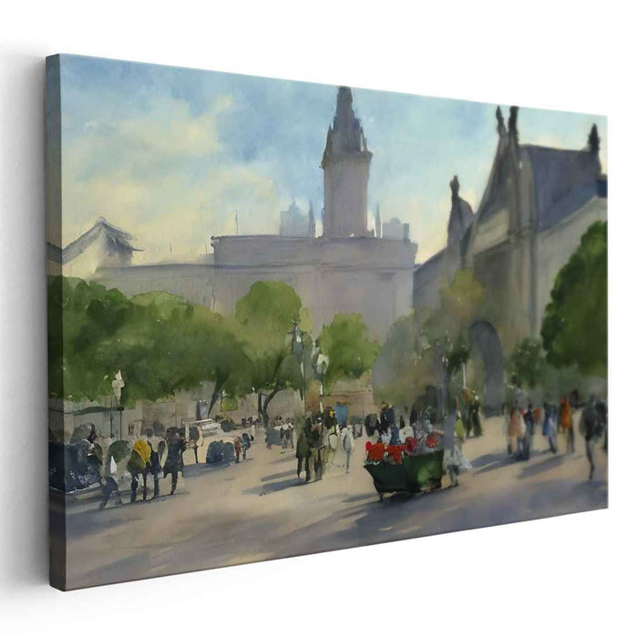 Faded Memories Street View: Watercolor Urban Scene with Historical Architecture