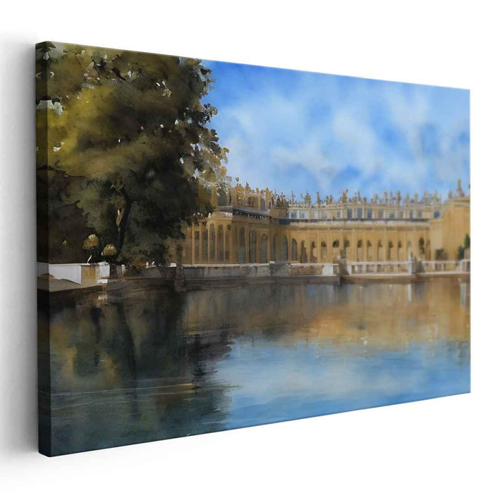 Gossamer Castle Gardens: Serene Palace Watercolor Landscape