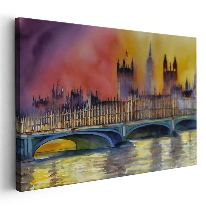 Ink Horizon Impression: Westminster Bridge and Parliament in Watercolor