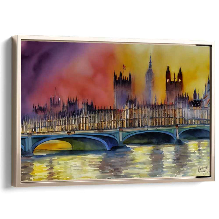 Ink Horizon Impression: Westminster Bridge and Parliament in Watercolor