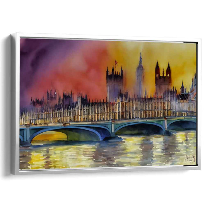 Ink Horizon Impression: Westminster Bridge and Parliament in Watercolor