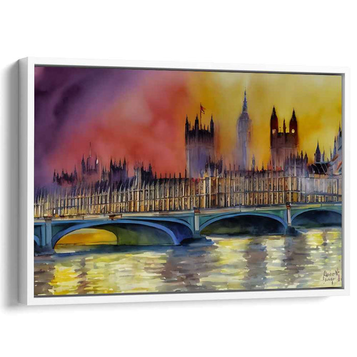 Ink Horizon Impression: Westminster Bridge and Parliament in Watercolor