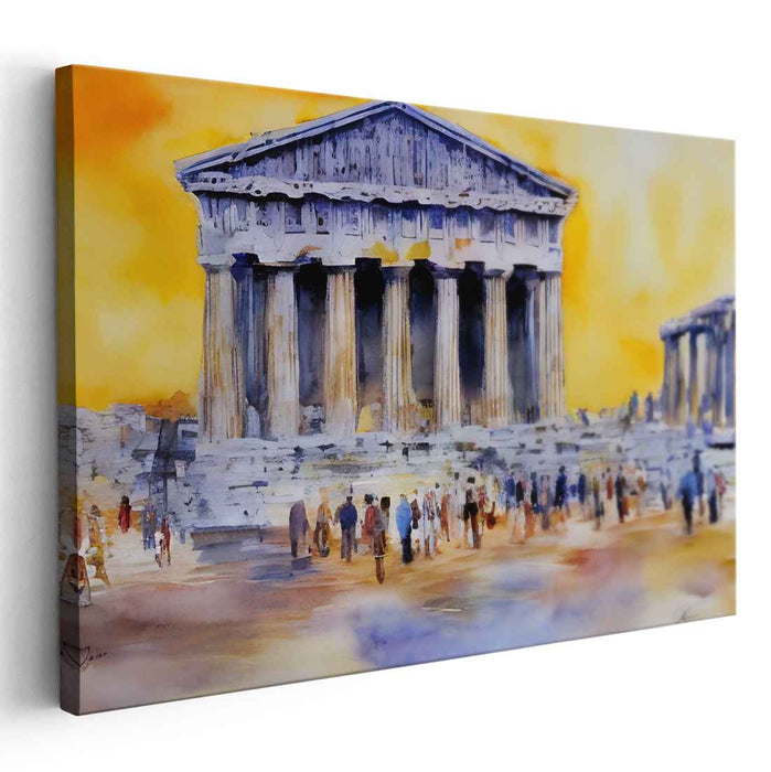 Dreaming Ruins Under Blue Sky: Impressionistic Watercolor of Ancient Greek Temple