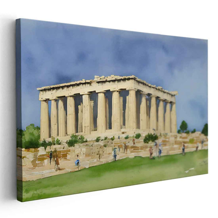 Ancient Echoes Amongst Urban Voices: Watercolor Painting of the Parthenon Amidst a Modern Crowd