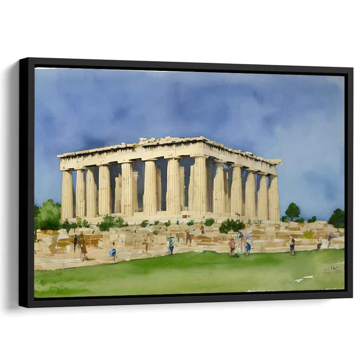 Ancient Echoes Amongst Urban Voices: Watercolor Painting of the Parthenon Amidst a Modern Crowd