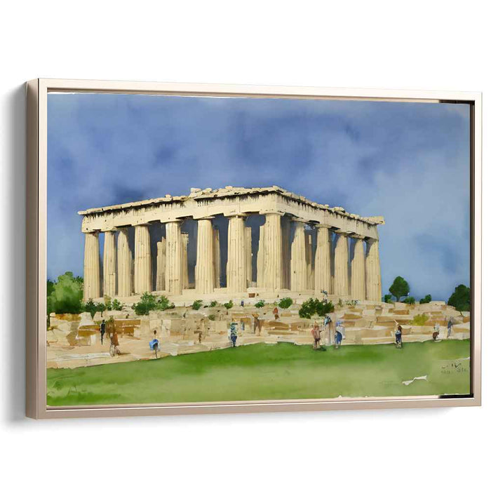 Ancient Echoes Amongst Urban Voices: Watercolor Painting of the Parthenon Amidst a Modern Crowd