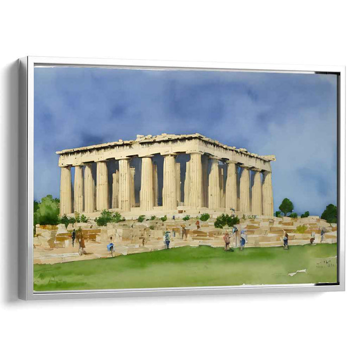 Ancient Echoes Amongst Urban Voices: Watercolor Painting of the Parthenon Amidst a Modern Crowd