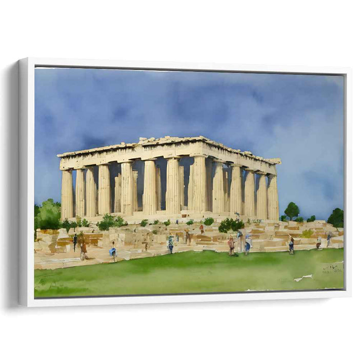 Ancient Echoes Amongst Urban Voices: Watercolor Painting of the Parthenon Amidst a Modern Crowd