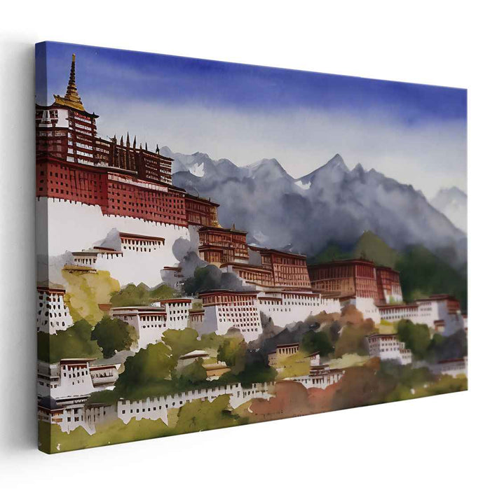 Serenity in the Himalayas: Tibetan Monastery Watercolor Landscape