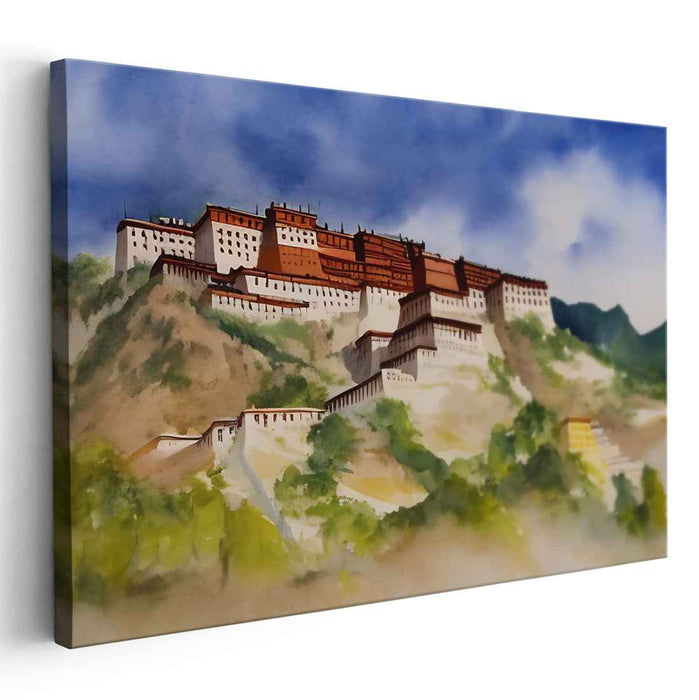 Zen Cascades Retreat: Tibetan Monastery Watercolor Landscape