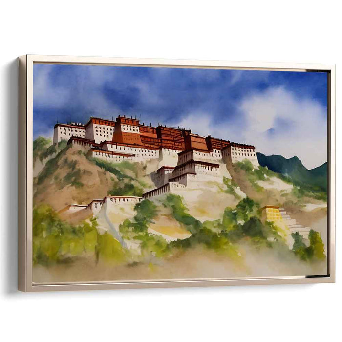Zen Cascades Retreat: Tibetan Monastery Watercolor Landscape