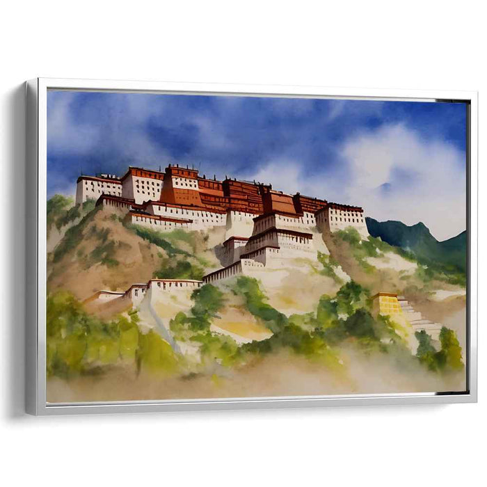 Zen Cascades Retreat: Tibetan Monastery Watercolor Landscape