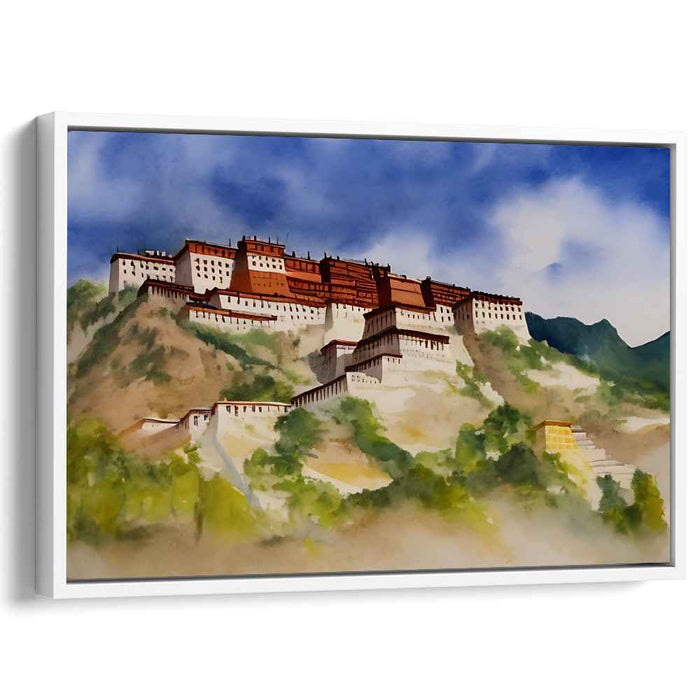 Zen Cascades Retreat: Tibetan Monastery Watercolor Landscape