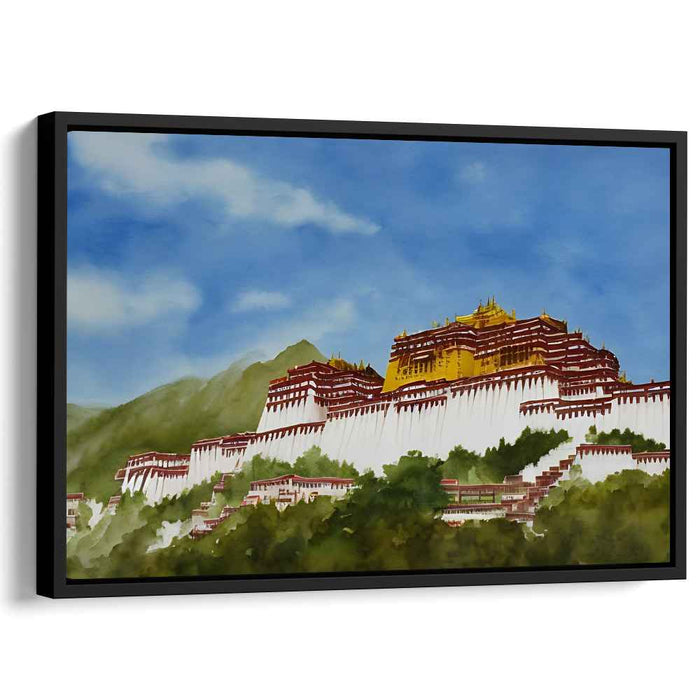 Mystic Serenity: Watercolor Print of Potala Palace Amidst Mountainous Splendor