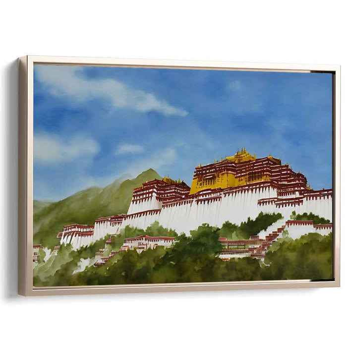 Mystic Serenity: Watercolor Print of Potala Palace Amidst Mountainous Splendor
