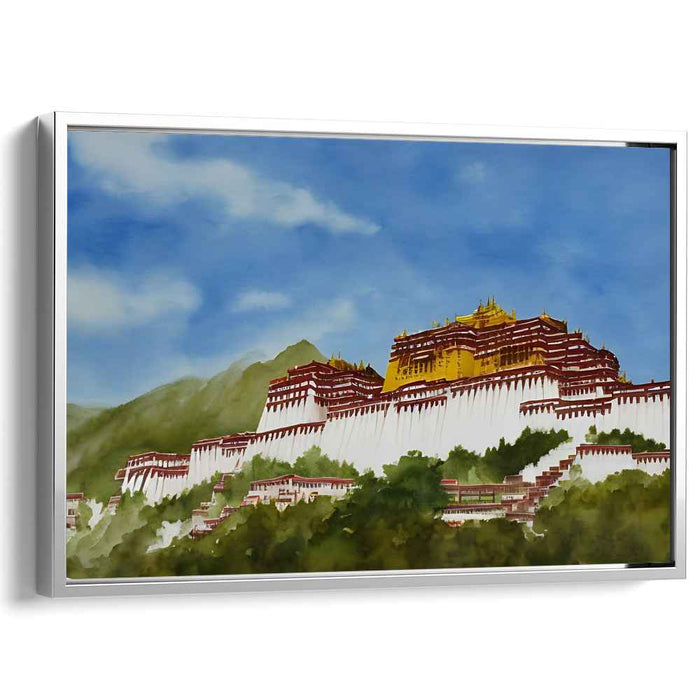 Mystic Serenity: Watercolor Print of Potala Palace Amidst Mountainous Splendor