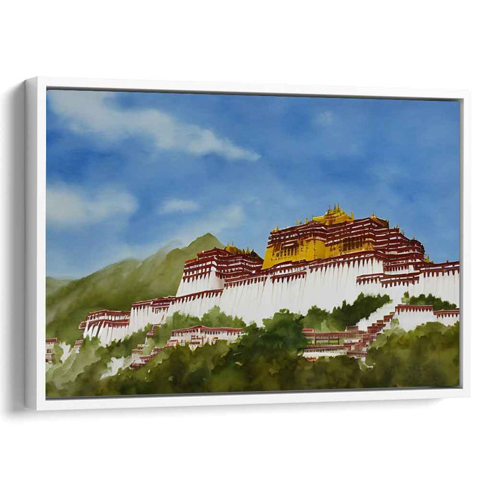 Mystic Serenity: Watercolor Print of Potala Palace Amidst Mountainous Splendor