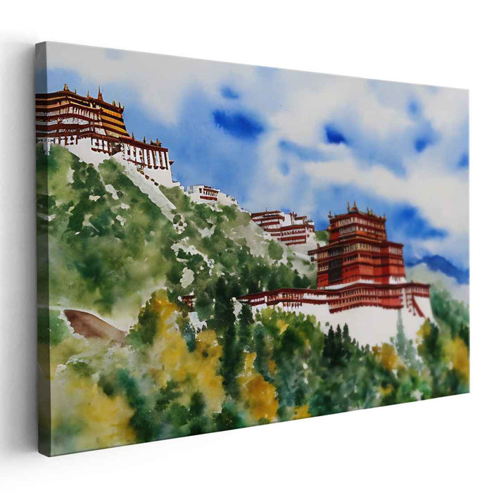 Serene Mountain Monastery: Watercolor Landscape Art Print
