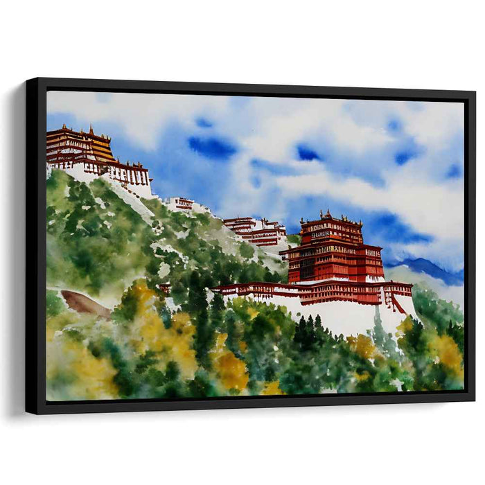 Serene Mountain Monastery: Watercolor Landscape Art Print