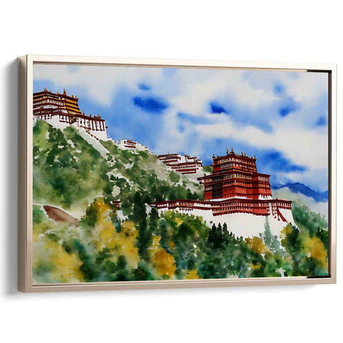 Serene Mountain Monastery: Watercolor Landscape Art Print