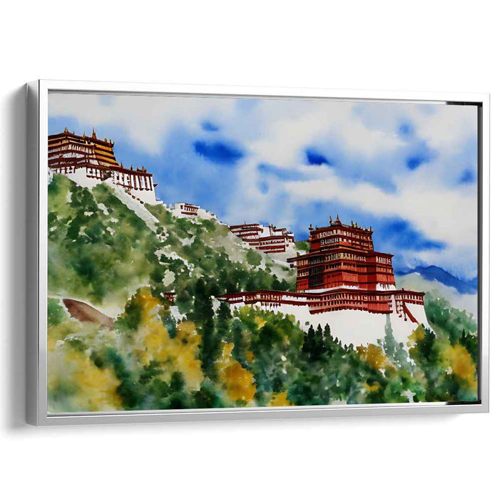 Serene Mountain Monastery: Watercolor Landscape Art Print
