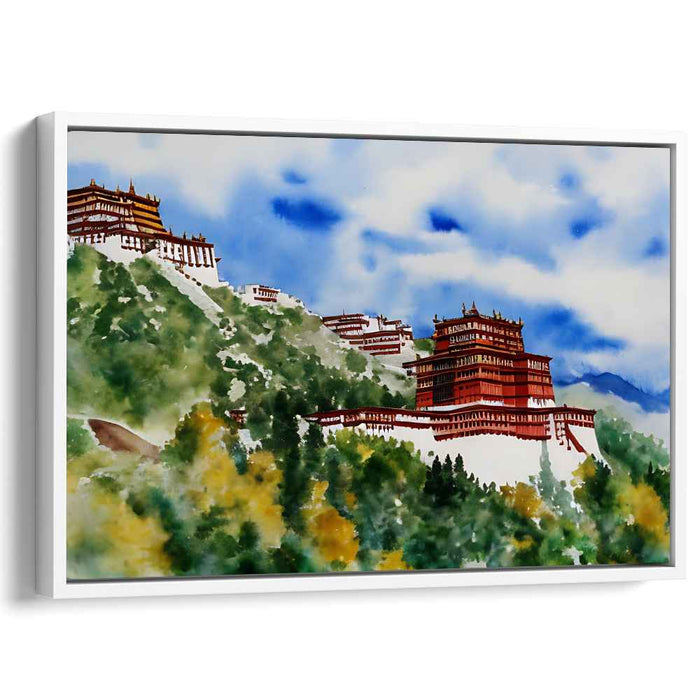 Serene Mountain Monastery: Watercolor Landscape Art Print