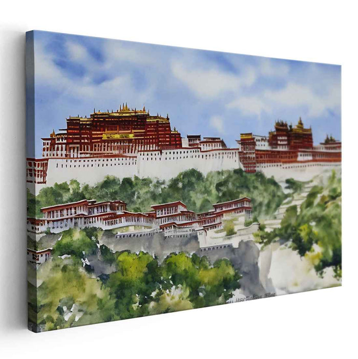 Ancient Mountain Majesty: Traditional Watercolor of the Potala Palace