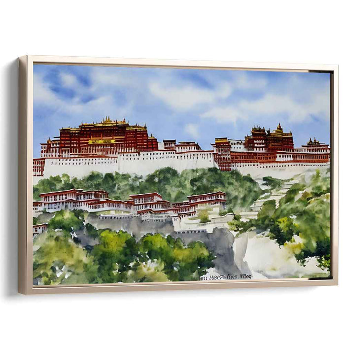Ancient Mountain Majesty: Traditional Watercolor of the Potala Palace