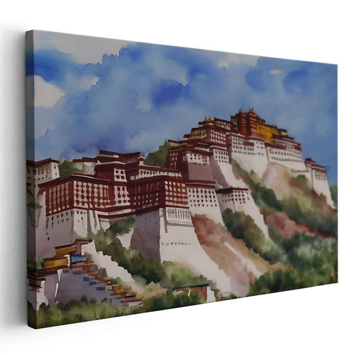 Ancient Citadel Serenity: Traditional Watercolor of Potala Palace