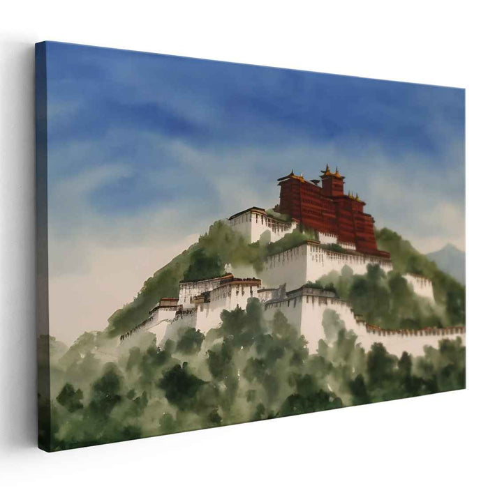 Majestic Hilltop Palace: Serene Landscape Watercolor Canvas Art Print