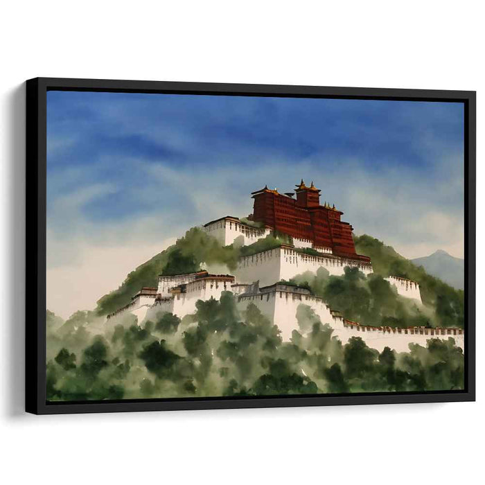 Majestic Hilltop Palace: Serene Landscape Watercolor Canvas Art Print