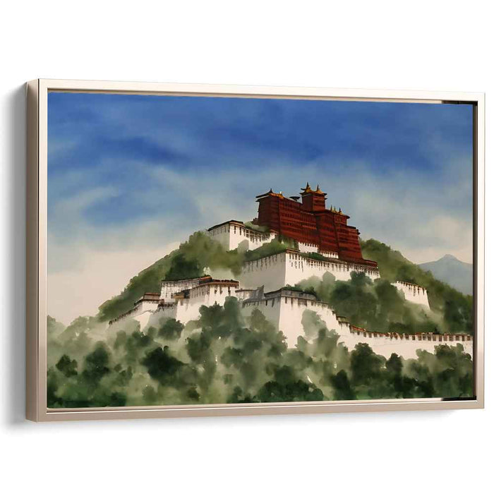 Majestic Hilltop Palace: Serene Landscape Watercolor Canvas Art Print