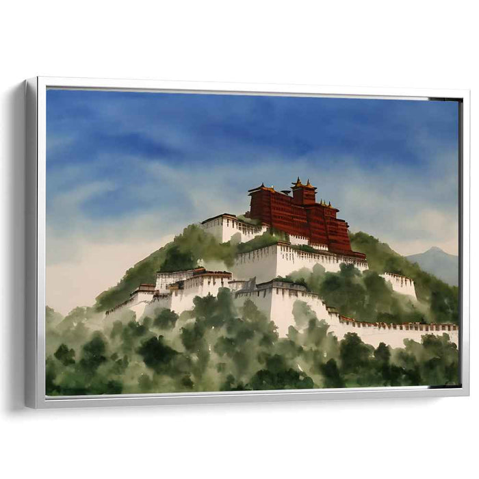 Majestic Hilltop Palace: Serene Landscape Watercolor Canvas Art Print