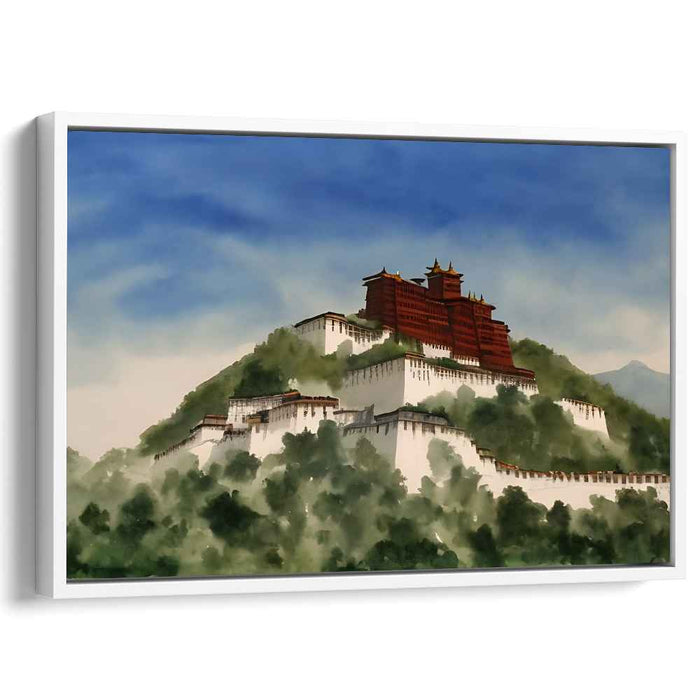 Majestic Hilltop Palace: Serene Landscape Watercolor Canvas Art Print