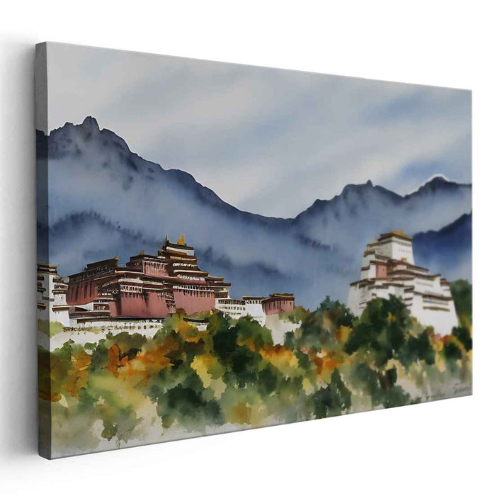 Zen Mountain Retreat: Tranquil Tibetan Monastery Landscape Canvas Art