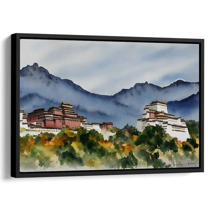 Zen Mountain Retreat: Tranquil Tibetan Monastery Landscape Canvas Art