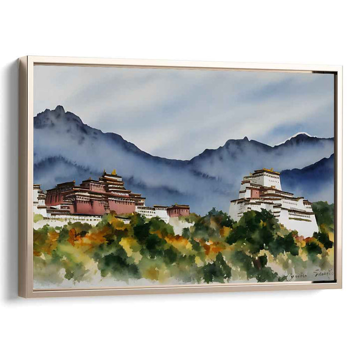 Zen Mountain Retreat: Tranquil Tibetan Monastery Landscape Canvas Art