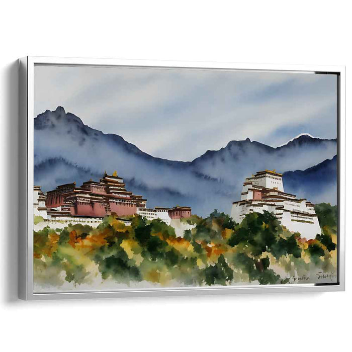 Zen Mountain Retreat: Tranquil Tibetan Monastery Landscape Canvas Art