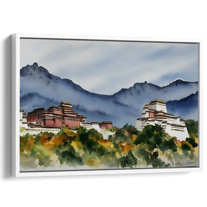Zen Mountain Retreat: Tranquil Tibetan Monastery Landscape Canvas Art